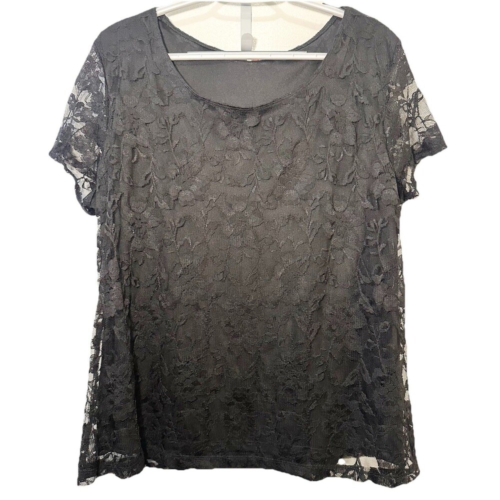 Isaac Mizrahi Black Lace Short Sleeve Top XXL Sheer Lined Stretch